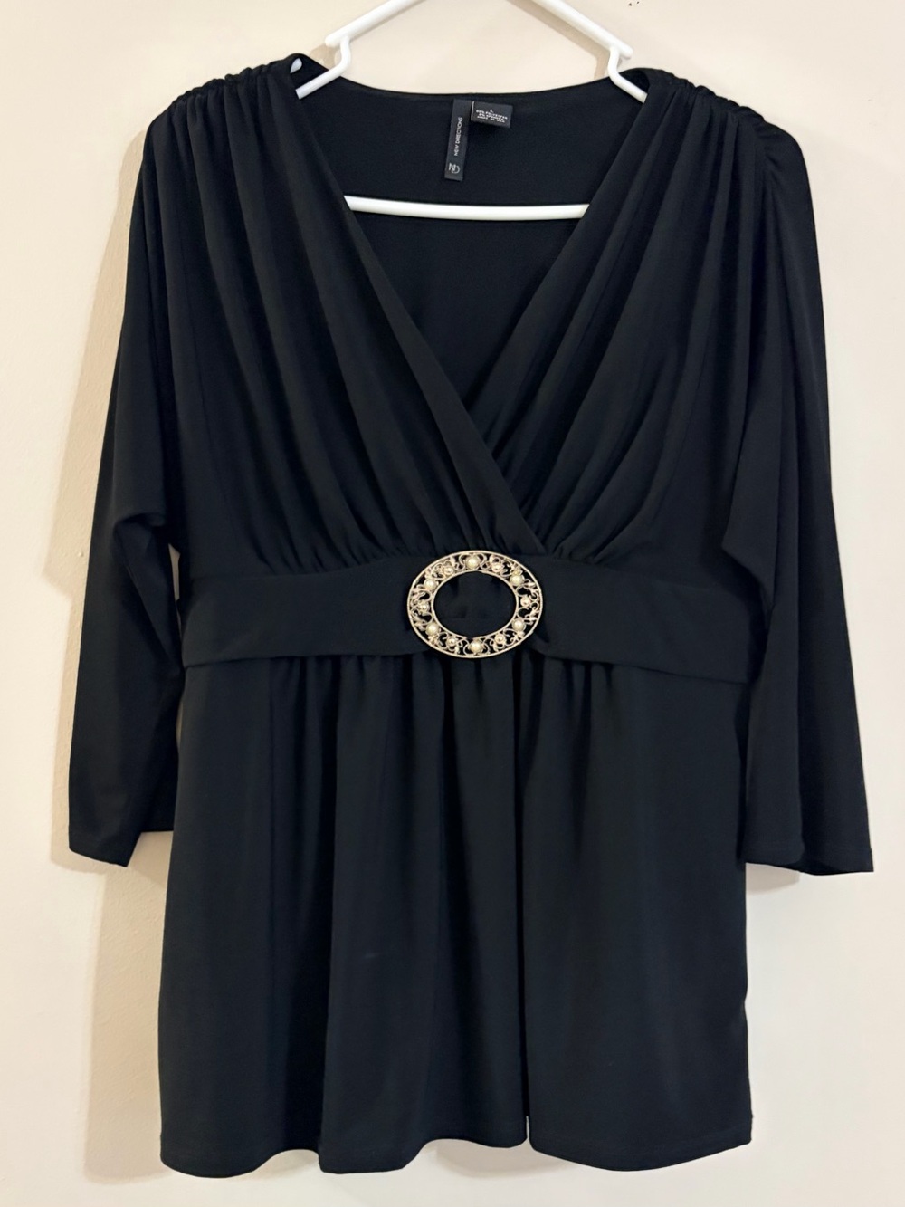 New Directions Black Surplice Blouse with Decorative Oval Buckle